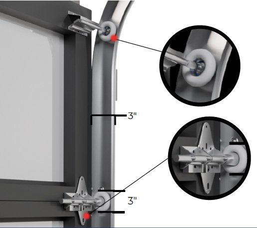 Close-up of heavy-duty 3-inch garage door tracks and rollers for impact glass doors