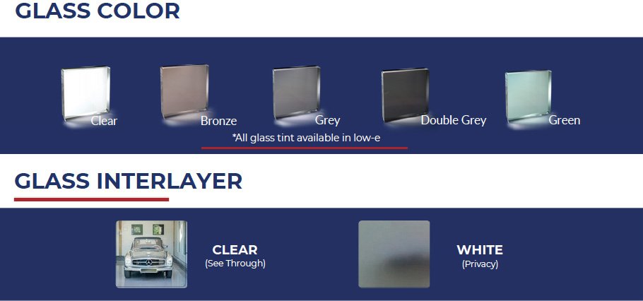 Glass color options for impact glass garage doors including clear and tinted choices